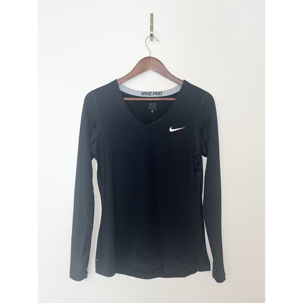 NIKE Pro Women's Black V Neck Long Sleeve Dri Fit Athletic Top | Large